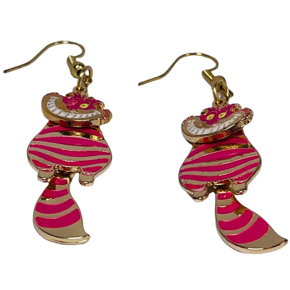 Alice in wonderland Cheshire Cat pink metal earrings NEW - Picture 5 of 7